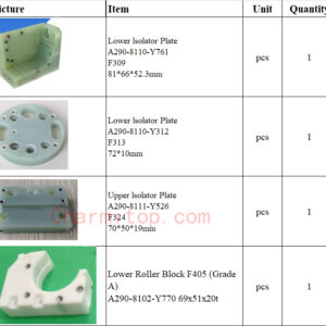 Lower lsolator Plate  A290-8110-Y761 F309 81*66*52.3mm Lower lsolator Plate  A290-8110-Y312 F313 72*10mm Upper lsolator Plate  A290-8111-Y526 F324 70*50*19mm Lower Roller Block F405 (Grade A) A290-8102-Y770 69x51x20t